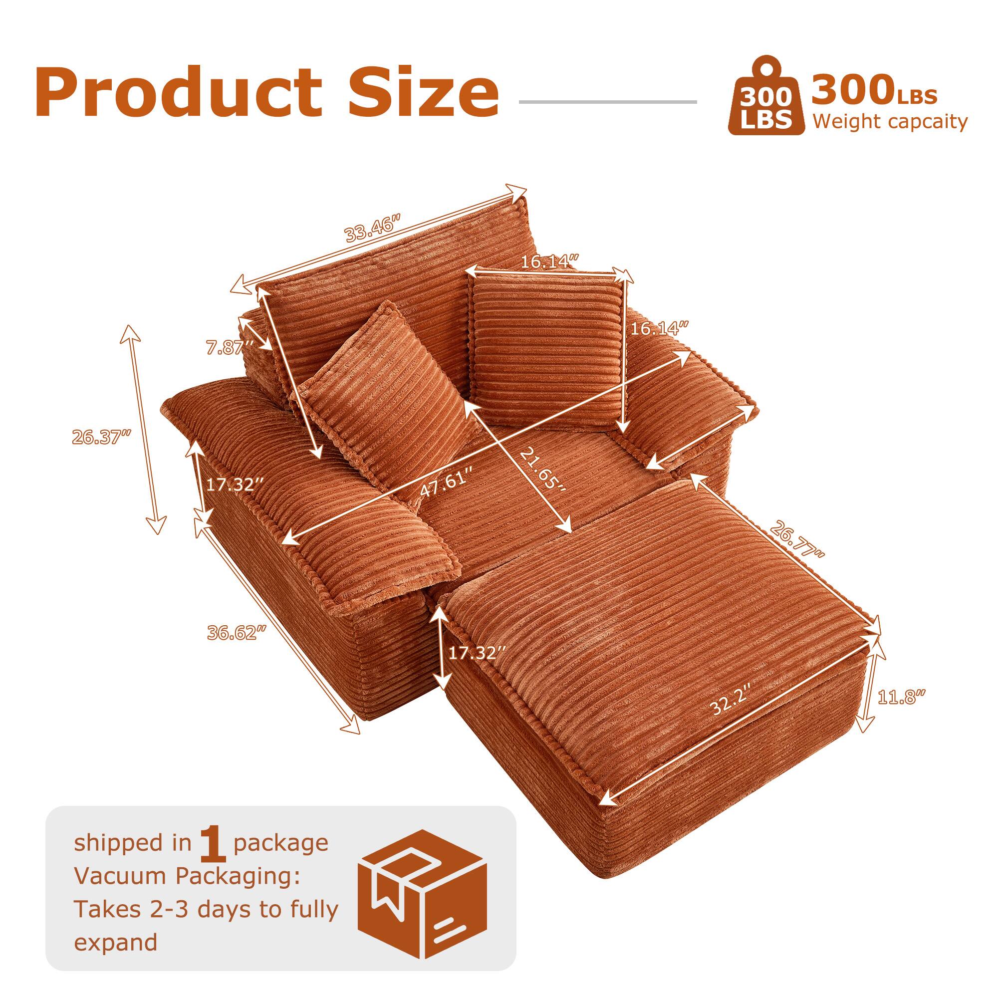Product Size: 300 LBS  
Weight capacity: 33.46" x 16.14" x 7.87" x 16.14" x 26.37" x 47.61" x 21.65" x 28.77" x 36.62" x 32.2" x 11.8"  
Shipped in 1 package  
Vacuum Packaging: Takes 2-3 days to fully expand
