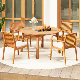 Costway - 5 PCS Acacia Wood Patio Dining Set with Umbrella Hole & Cushions for Deck, Garden - Natural