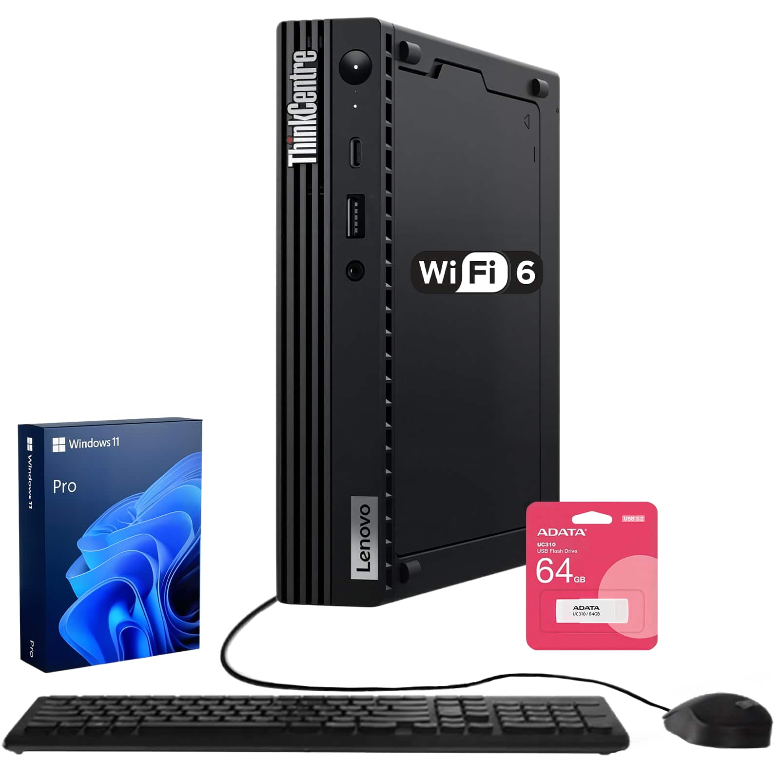 Lenovo - ThinkCentre M75q Desktop - AMD Ryzen 5 Pro 5650GE - 16GB RAM 1TB SSD - Wired Keyboard & Mouse - Adata 64GB USB Drive - Black