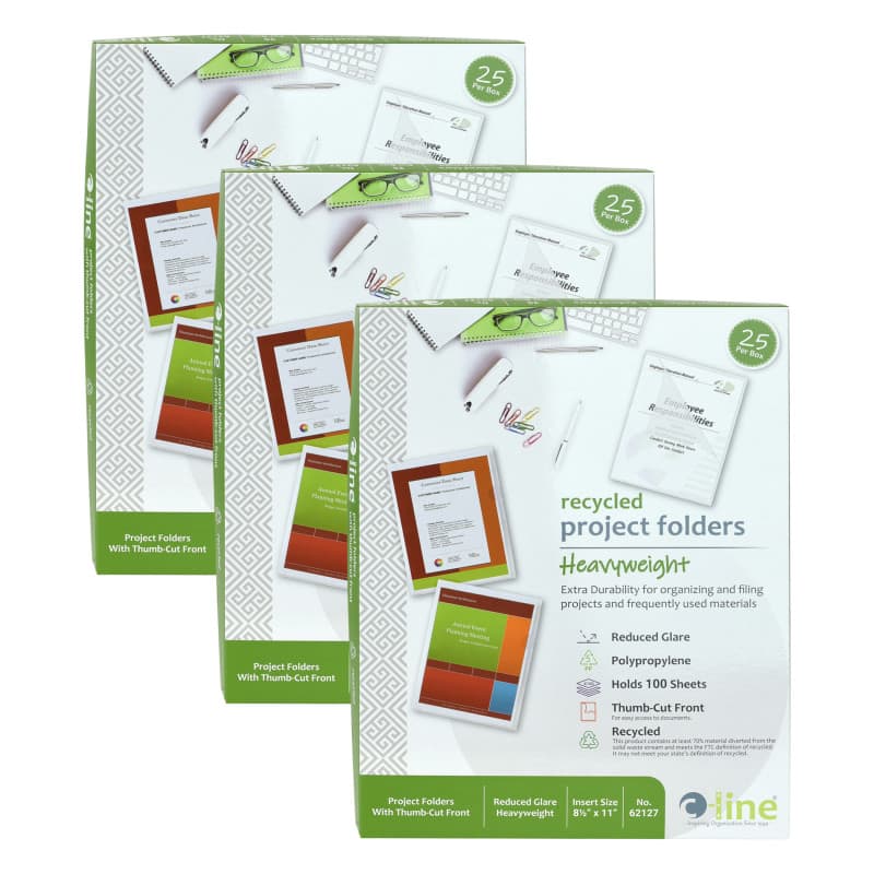 C-line - Recycled Poly Project Folders Clear Reduced Glare 11" x 8-1/2" 25 Per Box 3 Boxes