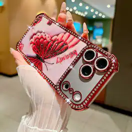 Dteck - Luxury Bling Glitter Butterfly Rhinestone Case for Apple iPhone 17 Pro Max, Shockproof Hard PC TPU Cover - Red