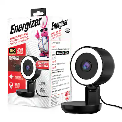Energizer Smart 5GHz WiFi Privacy Foldable Camera with Light
- 2K Quad HD Live Video Viewing
- Foldable for Your Privacy
- Smart Camera
- Two-Way Conversation
- LED Light for Seeing at Night
- Wired Power Only (Not Battery Powered)
Easy Setup:
1. Download the Energizer Connect App from the App Store or Google Play.
2. Install your Smart Indoor Camera.
3. Set up and control through the Energizer Connect App.
System Requirements:
- WiFi router with high-speed internet connection (802.11n/ac/b/g/n)
- Dual-band 2.4GHz/5GHz network bands
- Operating System: Android 9.0 or higher / iOS 13.5 or higher
1 Year Warranty
Package Includes:
- Smart WiFi Camera
- Power Adapter
- USB Power Cable
- Quick Start Guide