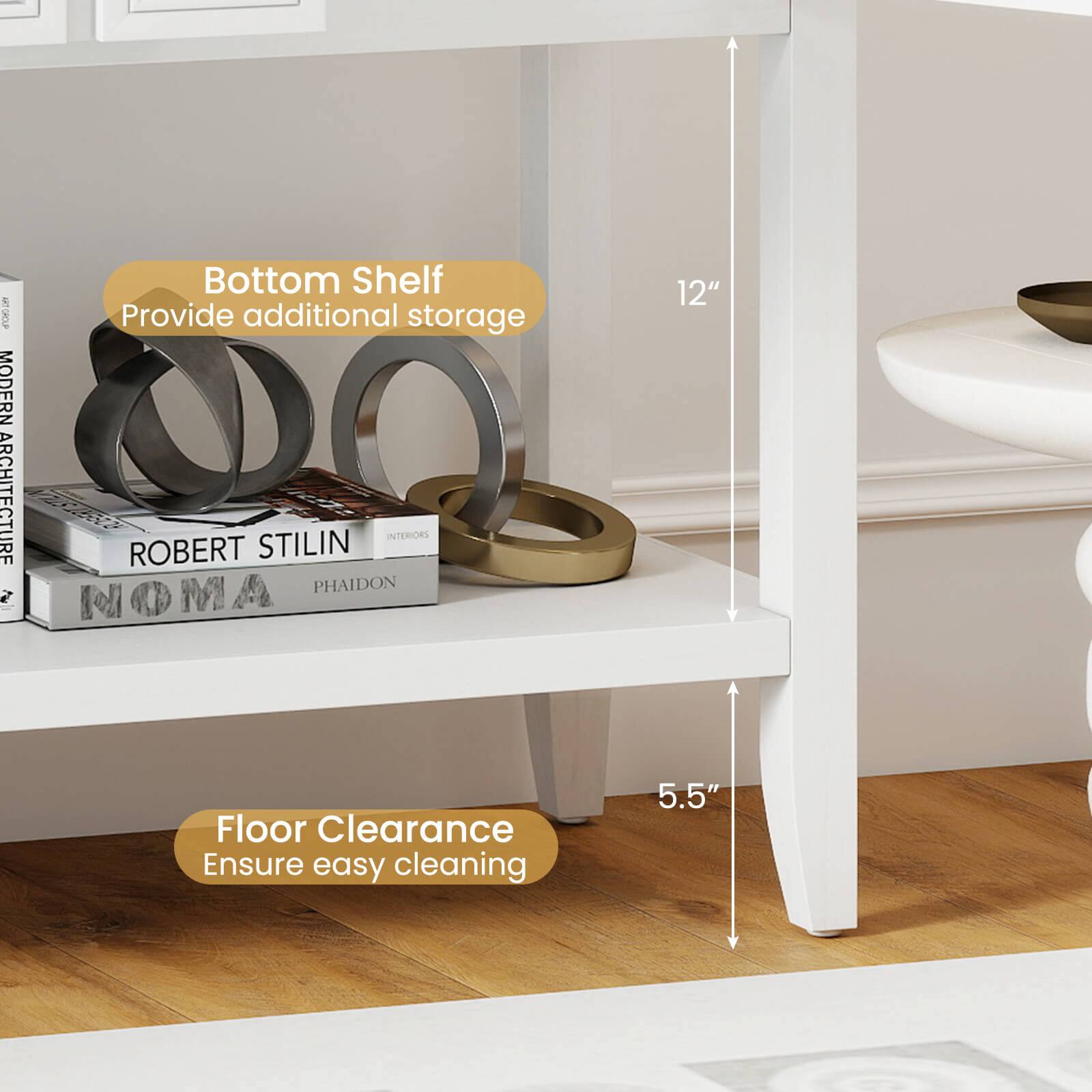 Bottom Shelf  
Provide additional storage  

MODERN ARCHITECTURE  
ROBERT STILIN  
INTERIORS  
PHAIDON  
NOMA  

12" Floor Clearance  
Ensure easy cleaning  

5.5"