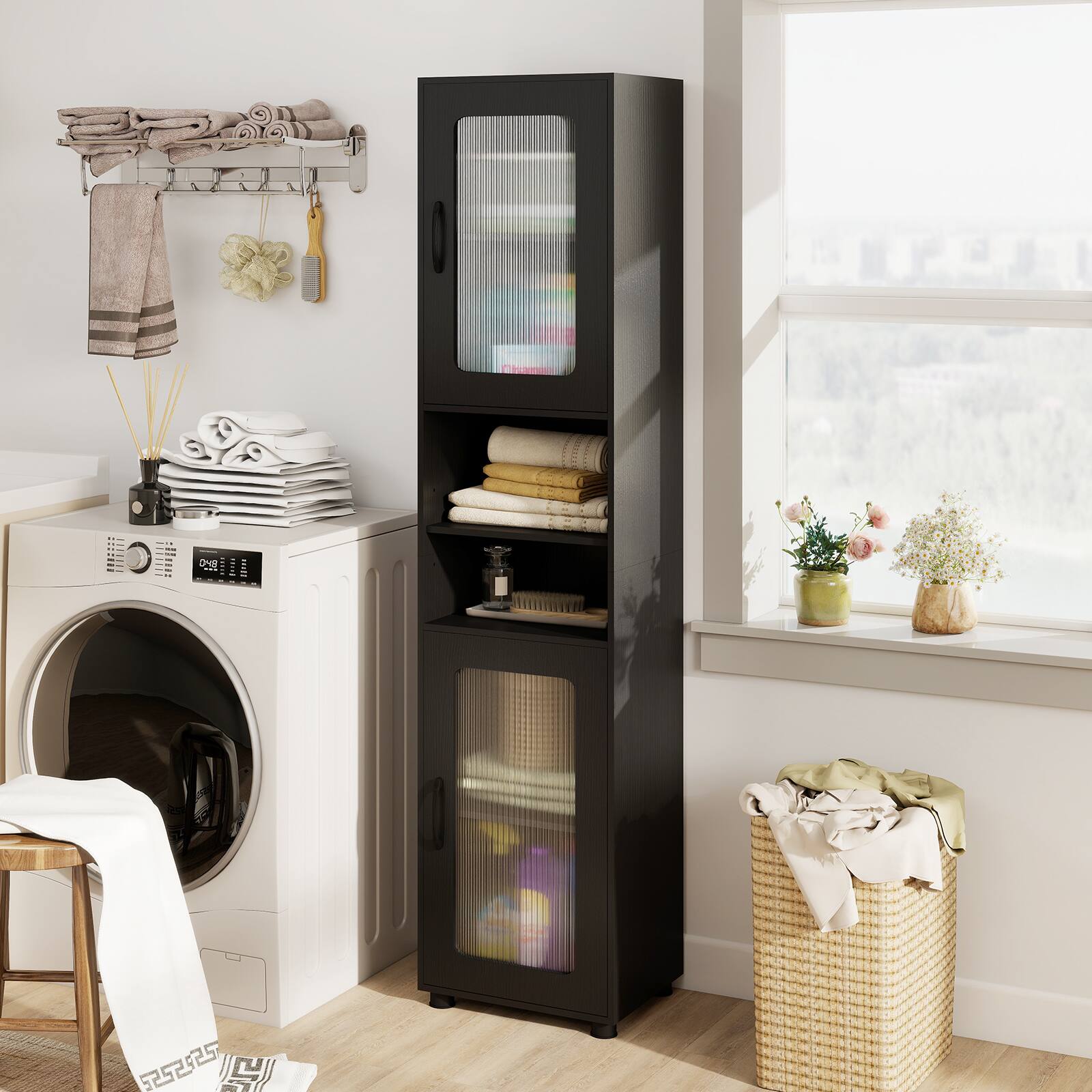Alt View 3. Costway - Costway Bathroom Cabinet, Slim Floor Storage Cabinet with 2 Fluted Doors,4 Rubber Feet - Black.