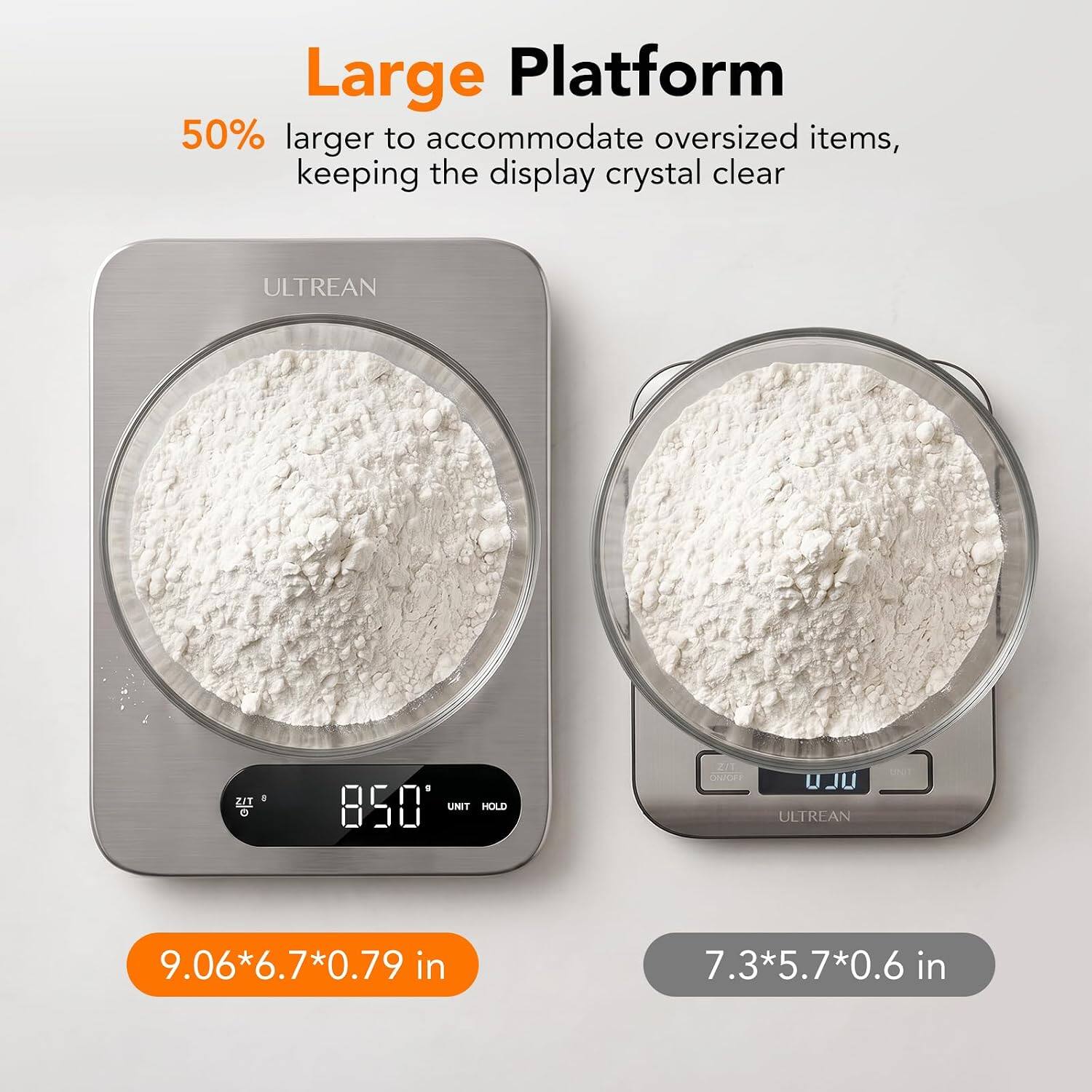 Large Platform 50% larger to accommodate oversized items, keeping the display crystal clear

ULTREAN ZIT 0

850 UNIT HOLD

21 CIUCES JU

ULTREAN

9.06*6.7*0.79 in

7.3*5.7*0.6 in