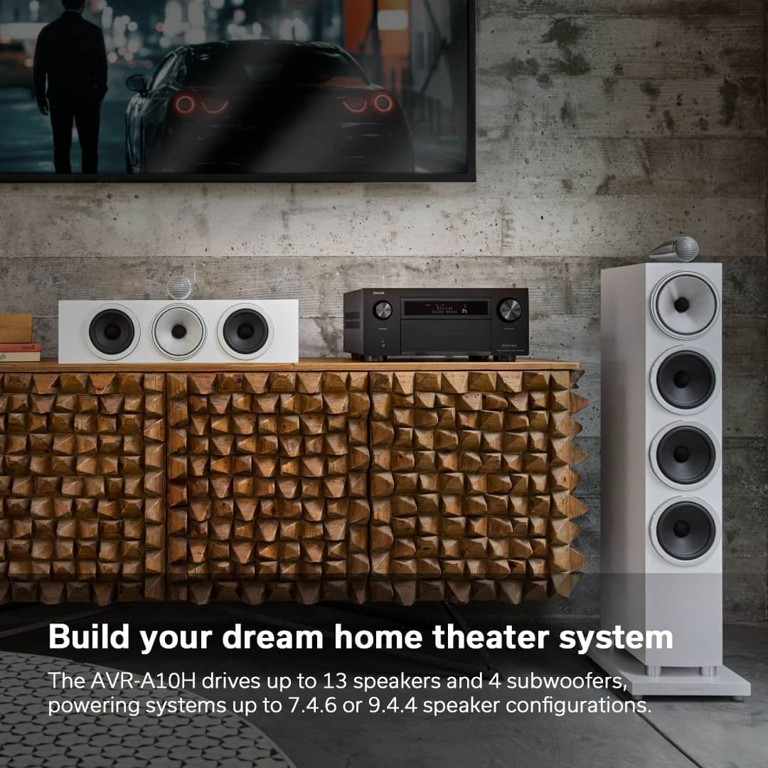 Build your dream home theater system. The AVR-A10H drives up to 13 speakers and 4 subwoofers, powering systems up to 7.4.6 or 9.4.4 speaker configurations.