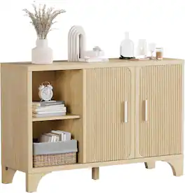 HONGGE - Mid Century Modern Buffet Cabinet with Fluted Doors and Spacious Storage - Brown