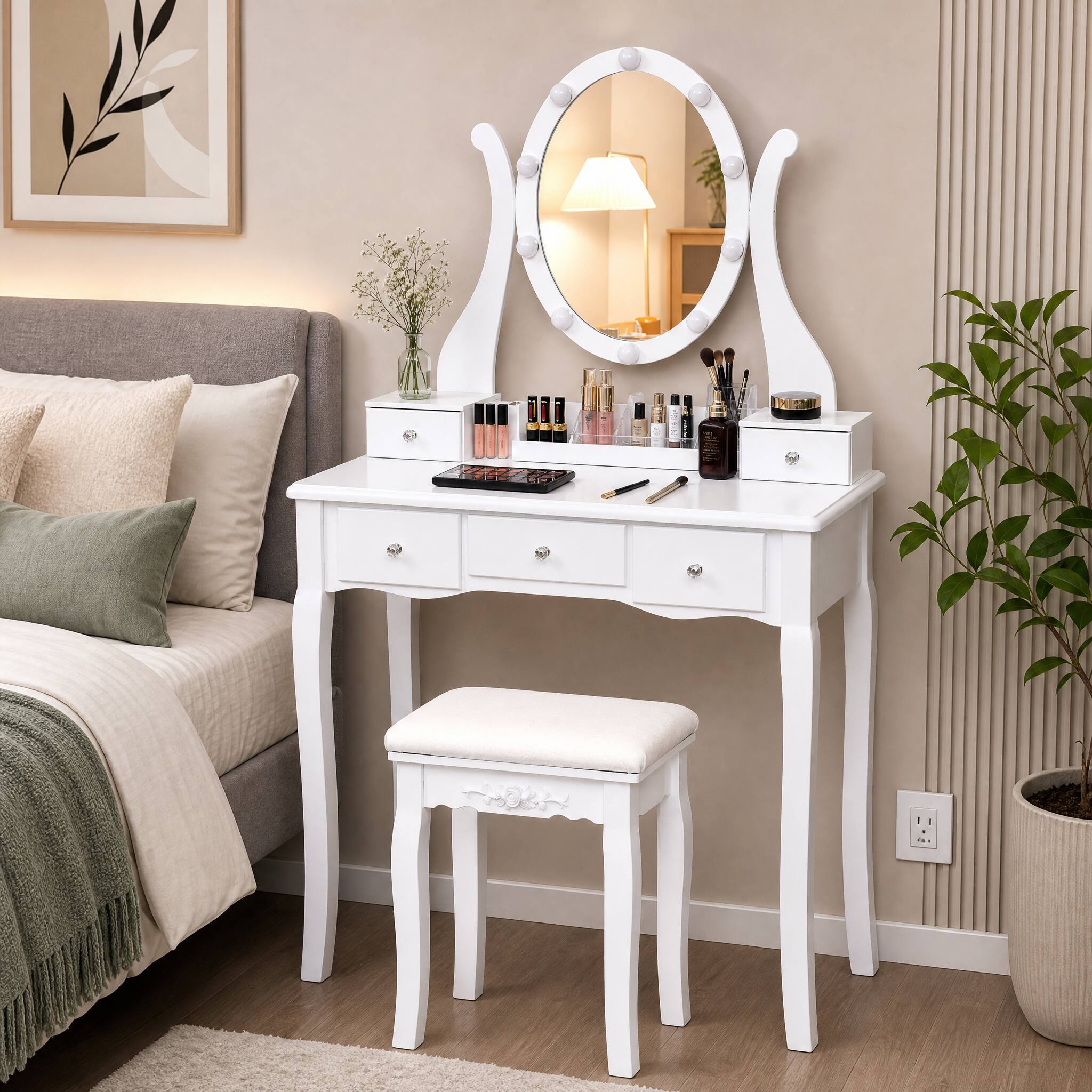 Angle. WELLFOR - Makeup Vanity Table Set with 360° Rotatable Oval Mirror, 5 Drawers, Dressing Table with Padded Stool for Bedroom - White.