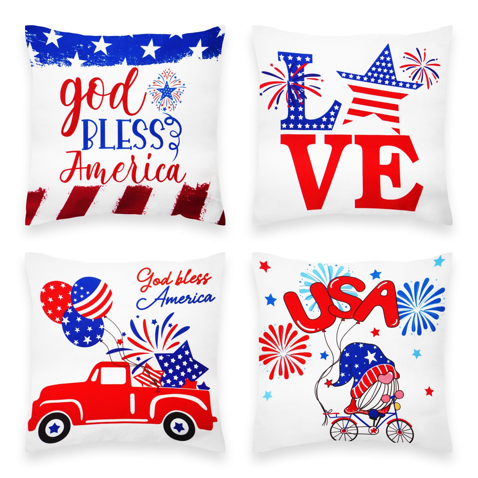 G128 - Patriotic Gnome & Fireworks Waterproof Throw Pillow Covers, 18 x 18 in, Set of 4 - Assorted Colors