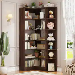 Aheaplus - 6-Tier Corner Bookshelf, 71'' Tall L-Shaped Bookcase with 13 Shelves for Home & Office - Walnut