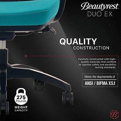 Beautyrest DUO EX

QUALITY CONSTRUCTION

Carefully constructed with high-quality materials that conform to rigorous safety and durability testing standards.

Meets the requirements of ANSI / BIFMA X5.1

275 Pounds
WEIGHT CAPACITY