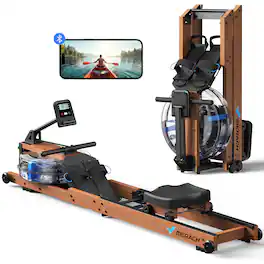 R28 Foldable Water Rowing Machines for Home, Dedicated Monitor, Free Merach App for Immersive Water Rower - Wood