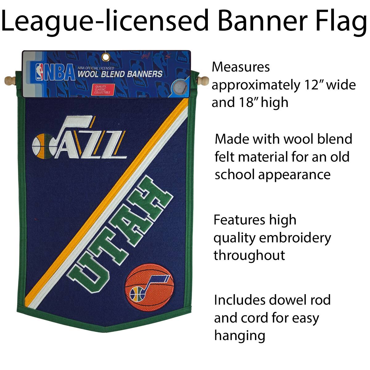 League-licensed Banner Flag

Measures approximately 12" wide and 18" high

Made with wool blend felt material for an old school appearance

Features high quality embroidery throughout

Includes dowel rod and cord for easy hanging
