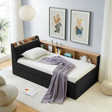 Front. Kadyn - Twin Size Upholstered Velvet Daybed with Storage Headboard, Wireless Charging, 2 Drawers & LED Lights - Black.