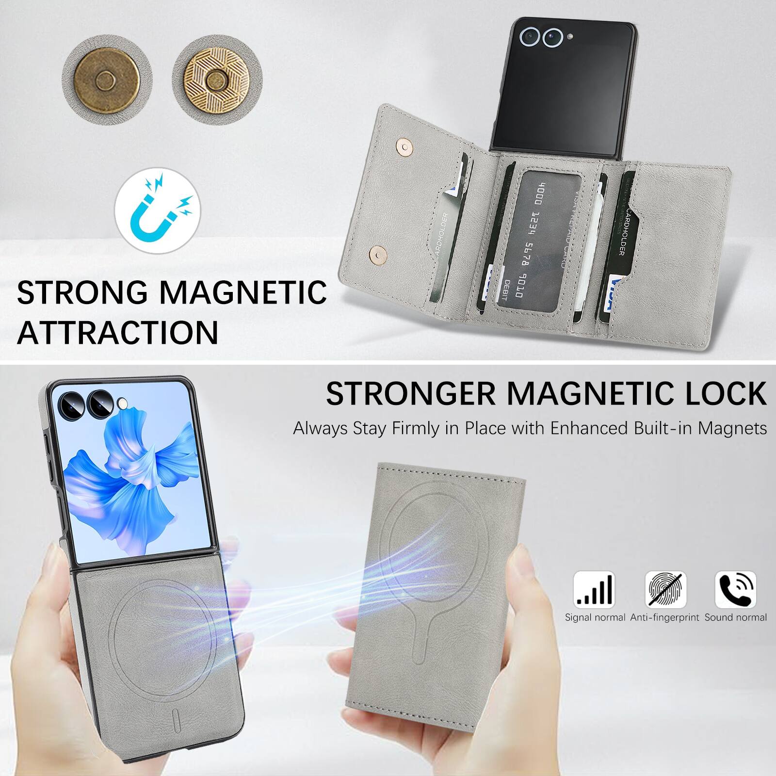 STRONG MAGNETIC ATTRACTION

CARDHOLDER

STRONGER MAGNETIC LOCK
Always Stay Firmly in Place with Enhanced Built-in Magnets

Signal normal
Anti-fingerprint
Sound normal