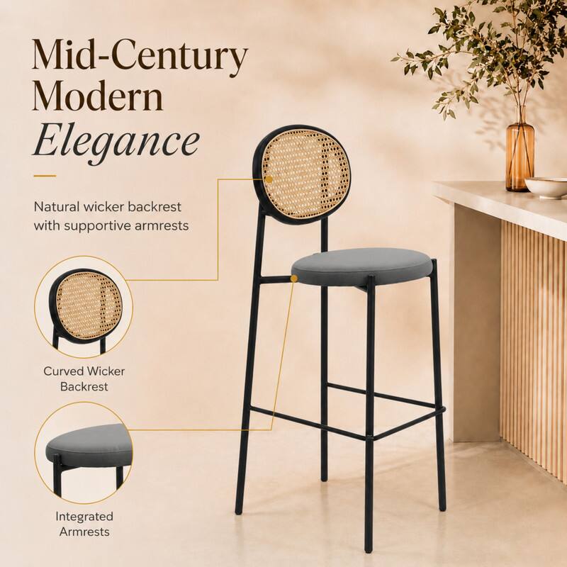 LeisureMod Euston Modern Wicker Bar Stool with Black Steel Frame and ...