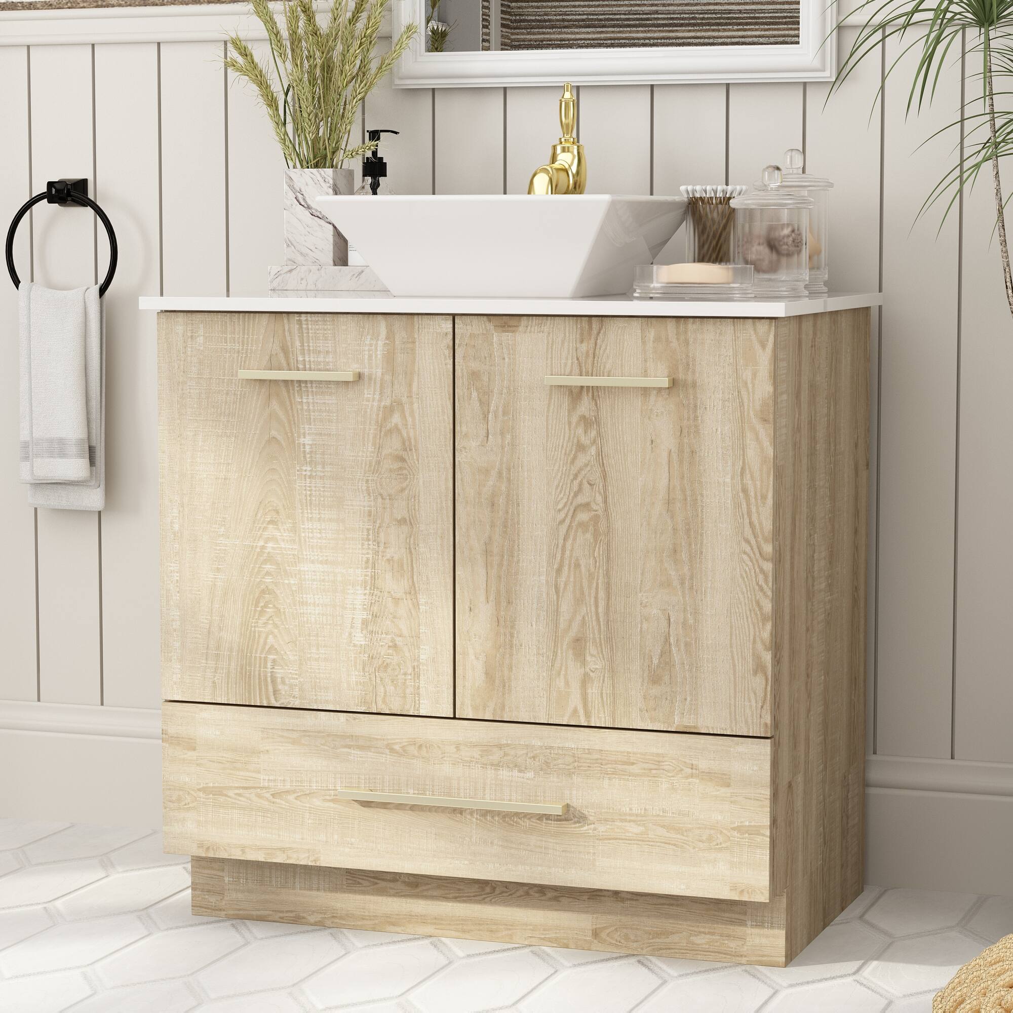 Angle. Famapy - Bathroom Vanity with Ceramic Sink – Modern Natural Wood-Style Storage Cabinet with Drawers & Countertop Space - White & Wooden.
