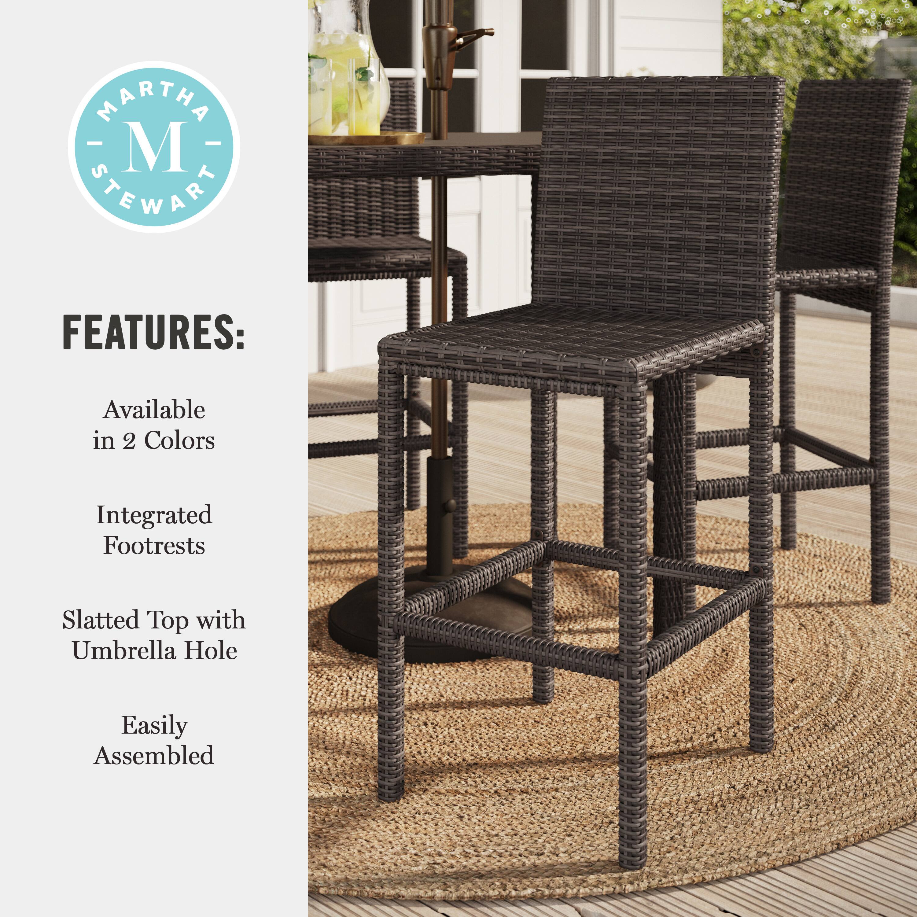 MARTHA STEWART FEATURES: Available in 2 Colors Integrated Footrests Slatted Top with Umbrella Hole Easily Assembled