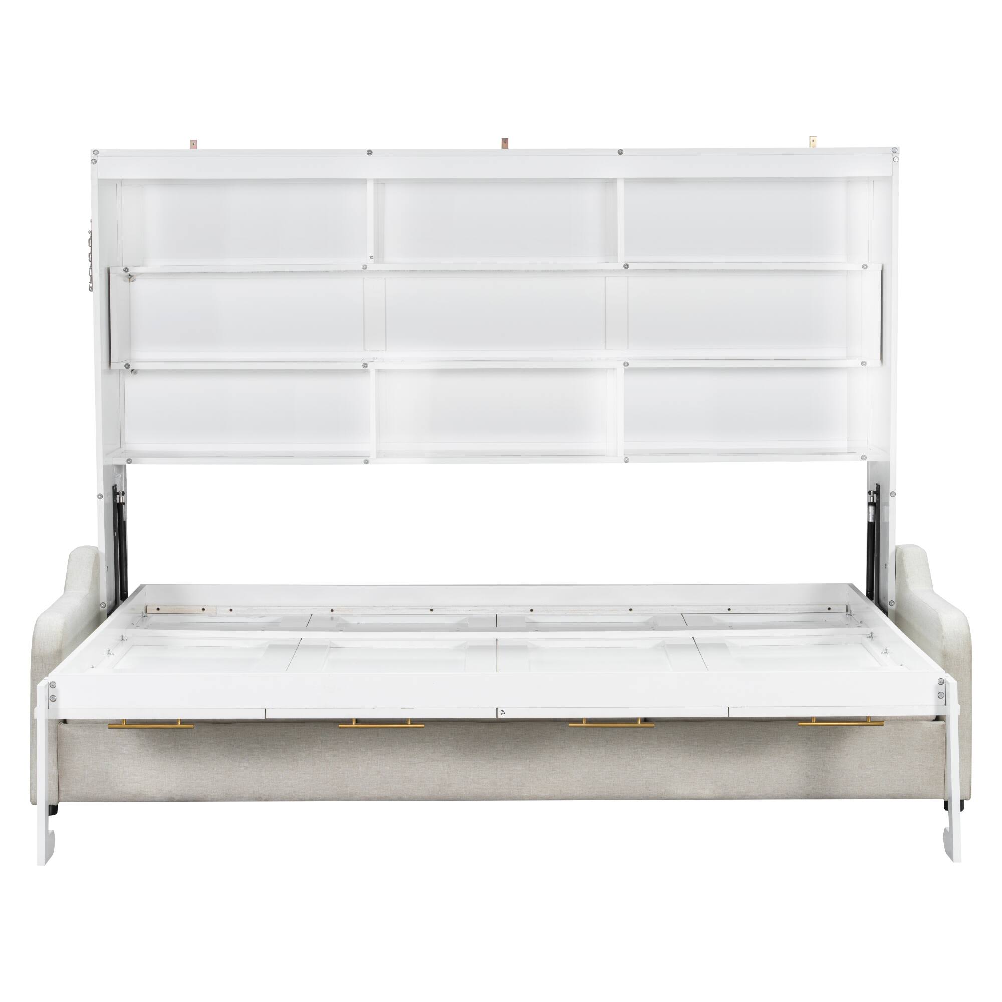 Alt View 2. Whisen - Queen Size Murphy Cabinet Bed with Folding Sofa,Built-in Storage Shelves and LED Light - Beige.