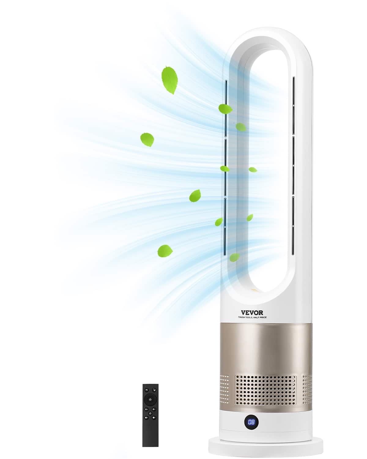 VEVOR - Tower Fan Bladeless, 16 ft/s Velocity Quiet Floor Fan that Blows Cold & Heating Air, 80° Oscillating Fans with 8 Speeds - White;Gold
