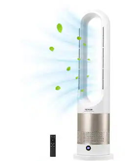 VEVOR - Tower Fan Bladeless, 16 ft/s Velocity Quiet Floor Fan that Blows Cold & Heating Air, 80° Oscillating Fans with 8 Speeds - White;Gold