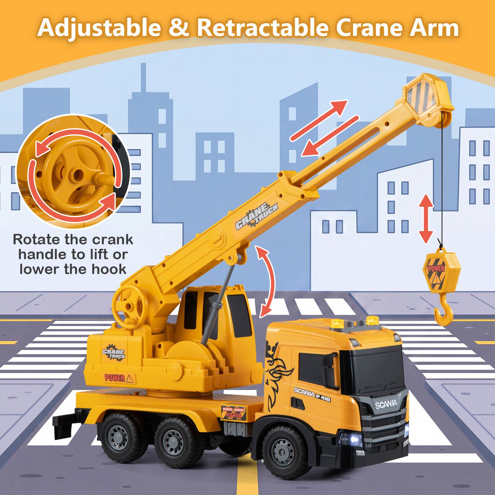 Adjustable & Retractable Crane Arm

Rotate the crank handle to lift or lower the hook

CRANE TRUCK
POWER
CRANE TRUCK
POWER
POWER
SCANIA pa 410
SCANIA