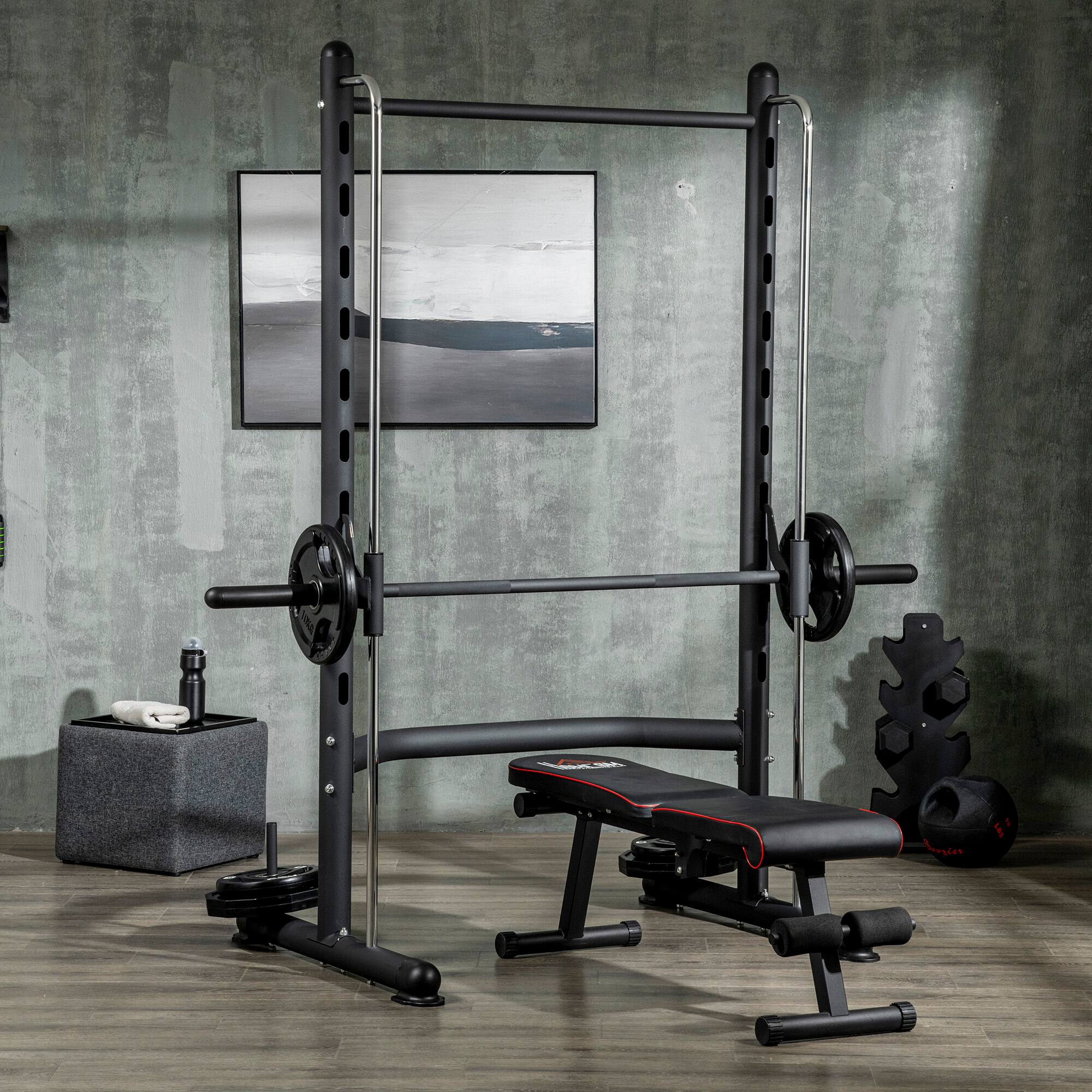 Angle. Soozier - Soozier Squat Rack with Pull-Up Bar, Adjustable Power Rack with Barbell Bar, Multi-Functional Bench Press Rack - Black and Silver.