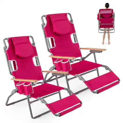 Front. Costway - Costway 2 PCS Foldable Beach Chair with Face Hole, Footrest, Adjustable Backrest, Pillow - Pink.