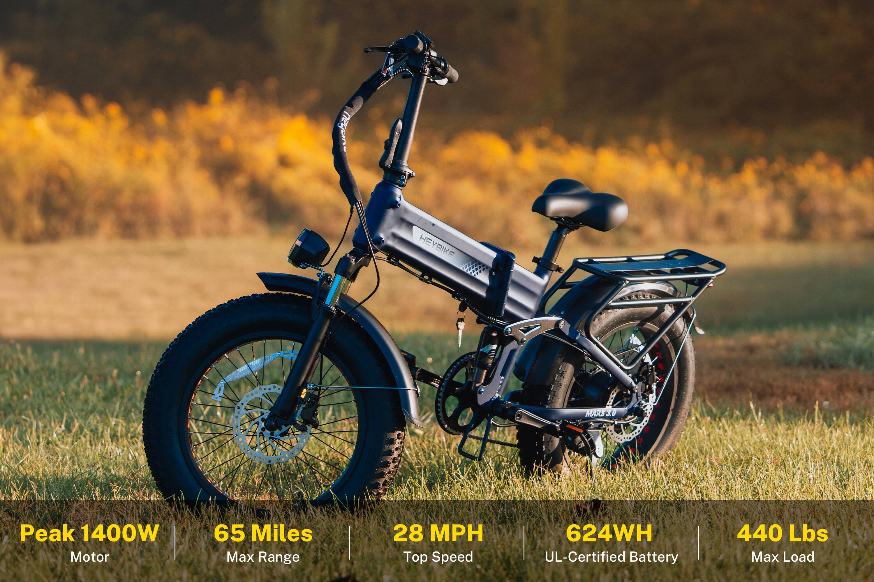 HEYBIKE MARS3  
Peak 1400W Motor  
65 Miles Max Range  
28 MPH Top Speed  
624WH UL-Certified Battery  
440 Lbs Max Load