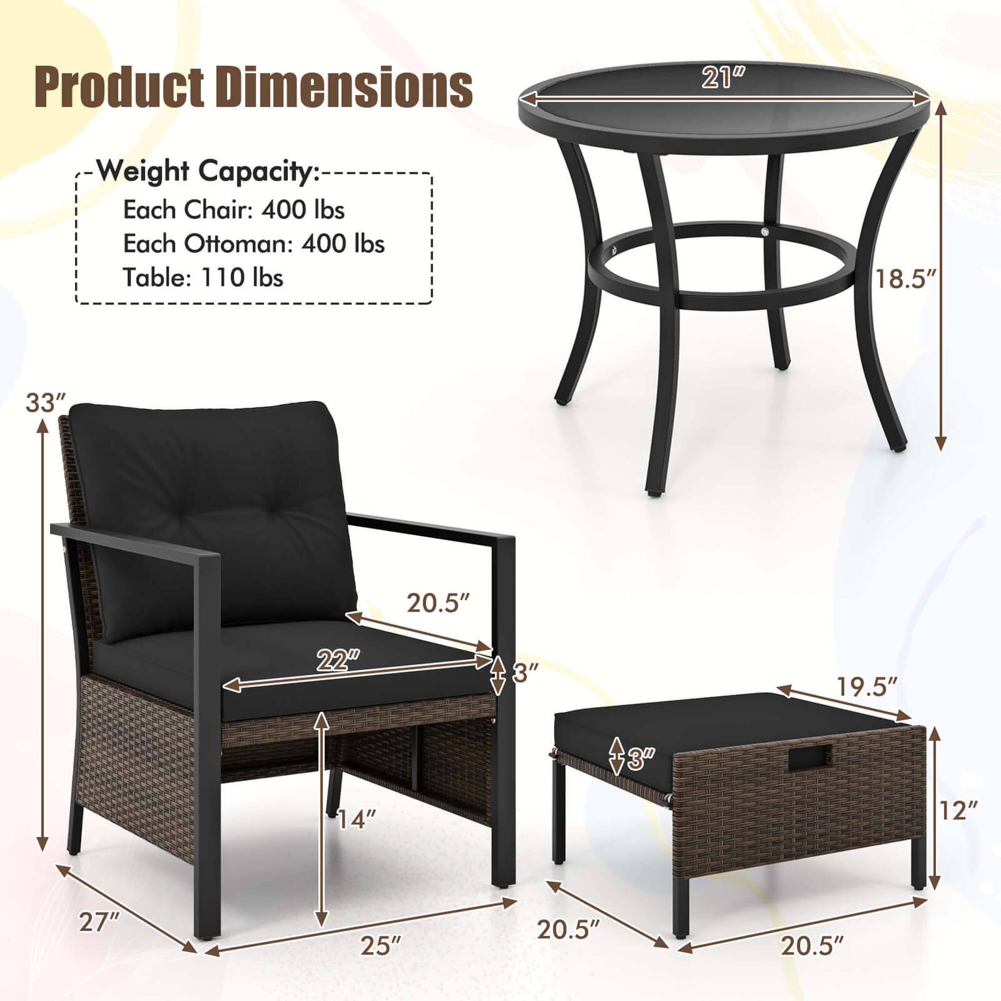 Product Dimensions:
- Chair: 21"
- Ottoman: 21"
- Table: 21"

Weight Capacity:
- Chair: 400 lbs
- Ottoman: 400 lbs
- Table: 110 lbs

Measurements:
- Chair: 33"
- Ottoman: 27"
- Table: 20.5"