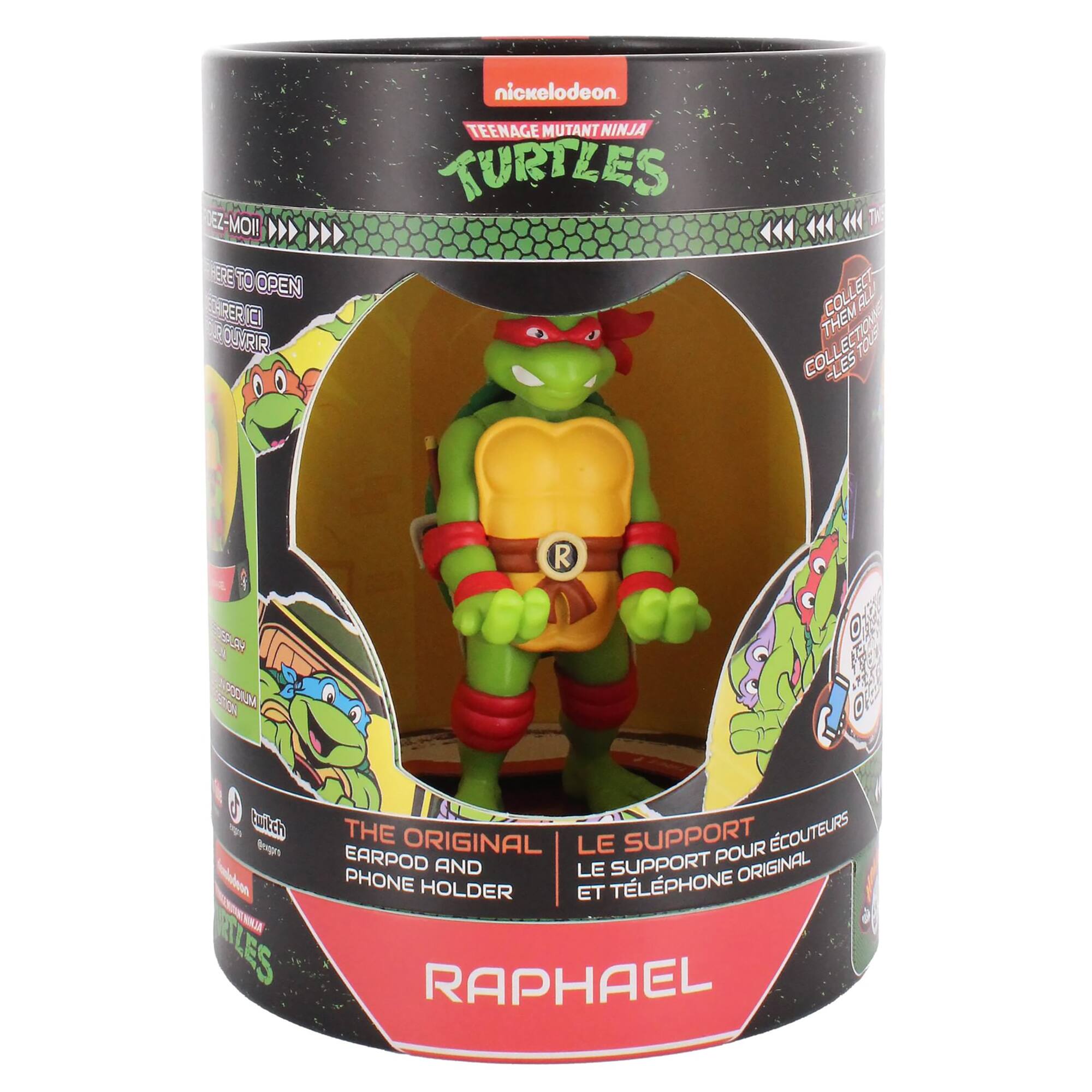 EZ-MOI! ERE TO OPEN EEPERT  R OUIRIR nickelodeon TEENAGE MUTANT NINJA TURTLES TE T COLLECT ALL THEM COLLECTION TOU COLL -LES  SOA 65 R OK fr A Okc  itch og Ataan  N LES THE ORIGINAL LE SUPPORT POUR COUTEURS EARPOD AND LE SUPPORT ORIGINAL PHONE HOLDER ET TLPHONE RAPHAEL