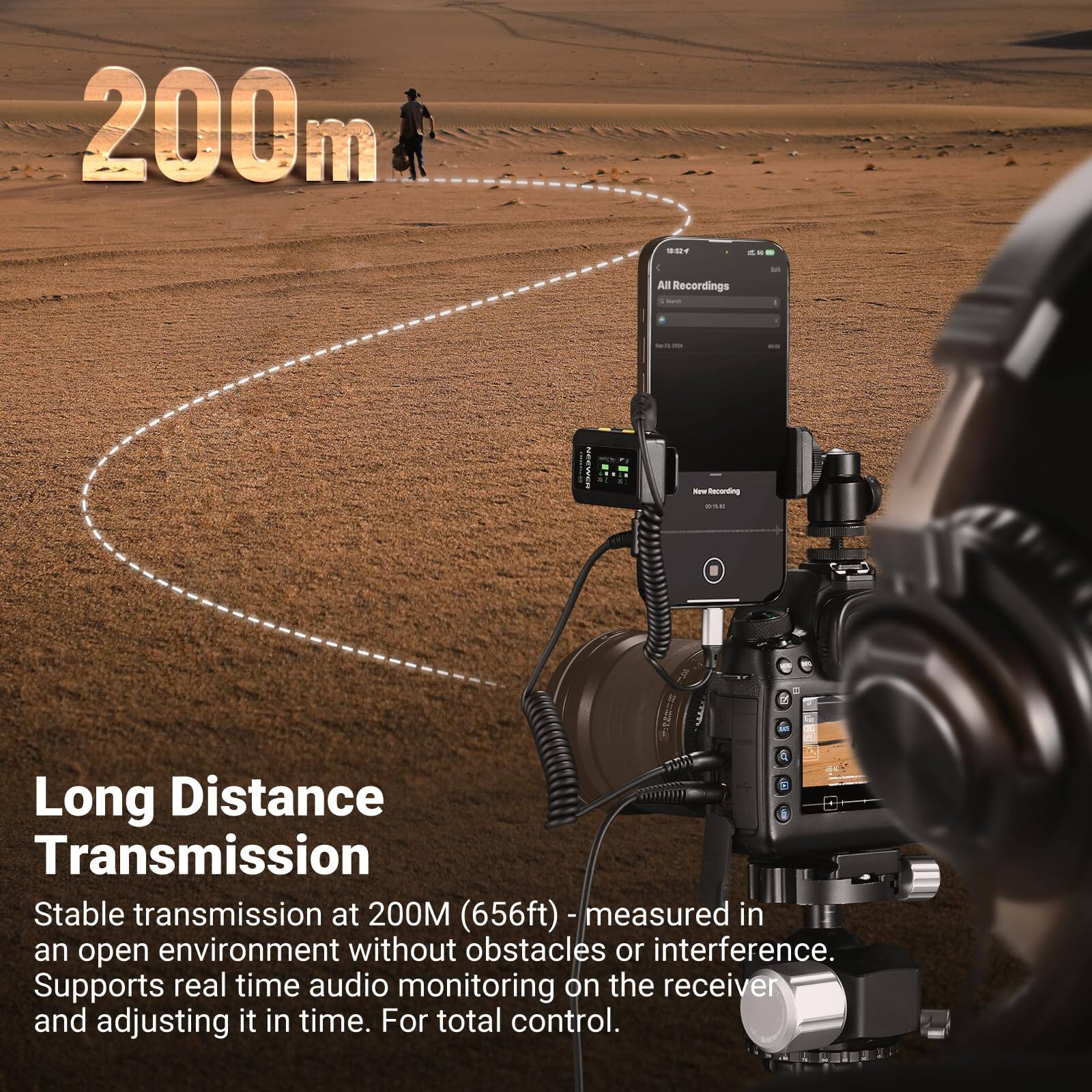 200m

Long Distance Transmission

Stable transmission at 200M (656ft) - measured in an open environment without obstacles or interference. Supports real-time audio monitoring on the receiver and adjusting it in time. For total control.
