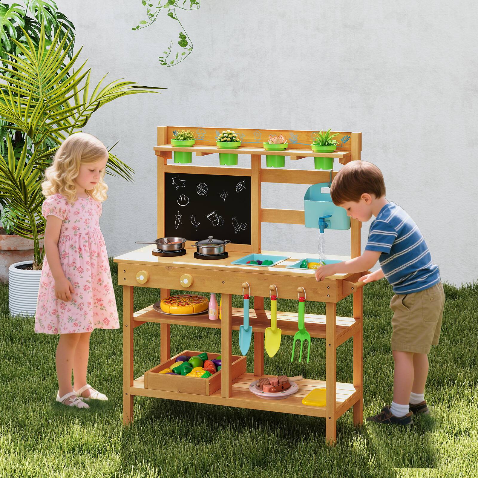 Alt View 1. Gymax - Gymax Kids Mud Kitchen w/Faucet Removable Sinks Chalkboard Stovetops Rotation Knobs - Natural.