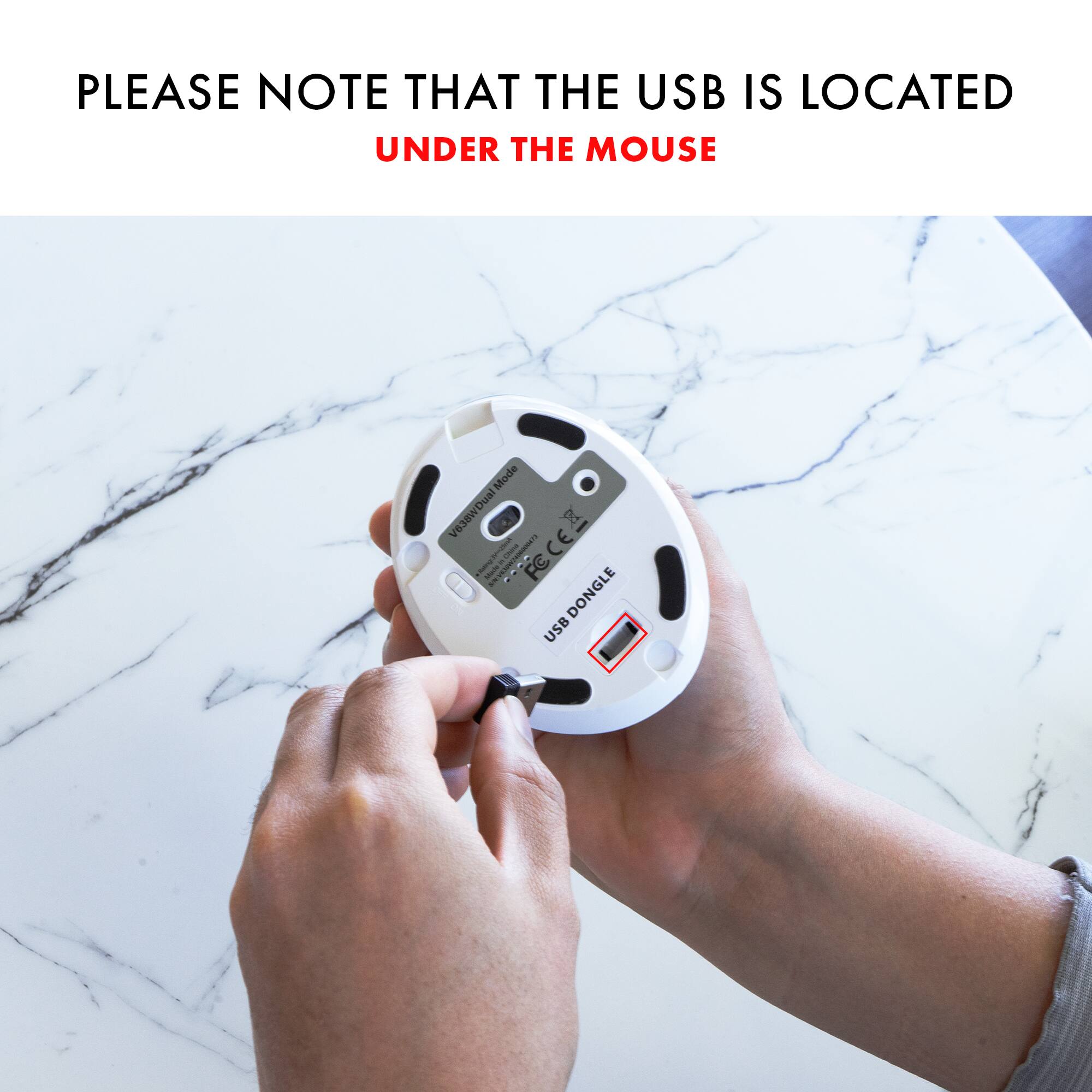 PLEASE NOTE THAT THE USB IS LOCATED UNDER THE MOUSE

USB DONGLE