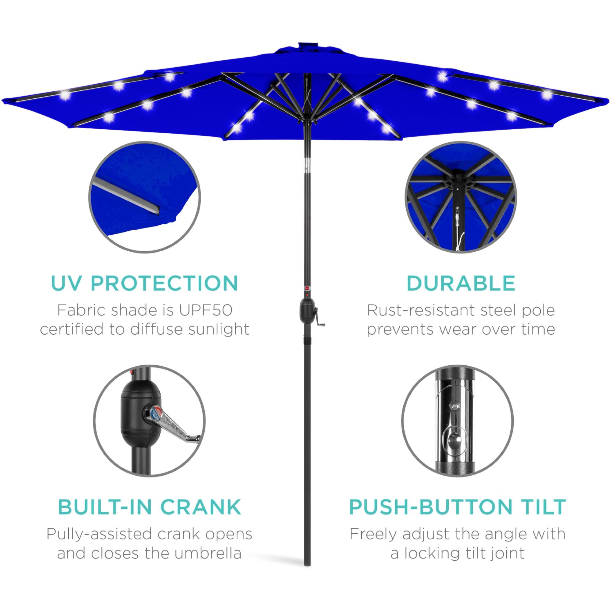 UV Protection: Fabric shade is UPF50 certified to diffuse sunlight.  
Durable: Rust-resistant steel pole prevents wear over time.  
Built-in Crank: Pulley-assisted crank opens and closes the umbrella.  
Push-button Tilt: Freely adjust the angle with a locking tilt joint.