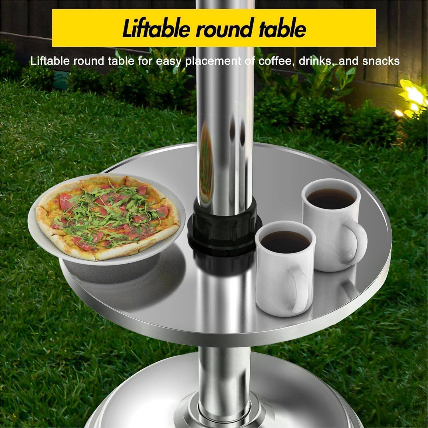 Liftable round table

Liftable round table for easy placement of coffee, drinks, and snacks