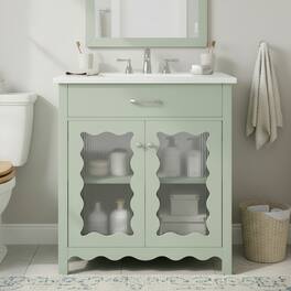 Loheer - 2.58 ft Bathroom Vanity with Tempered Glass, Soft Close Doors and Rubber Wood Legs - Green