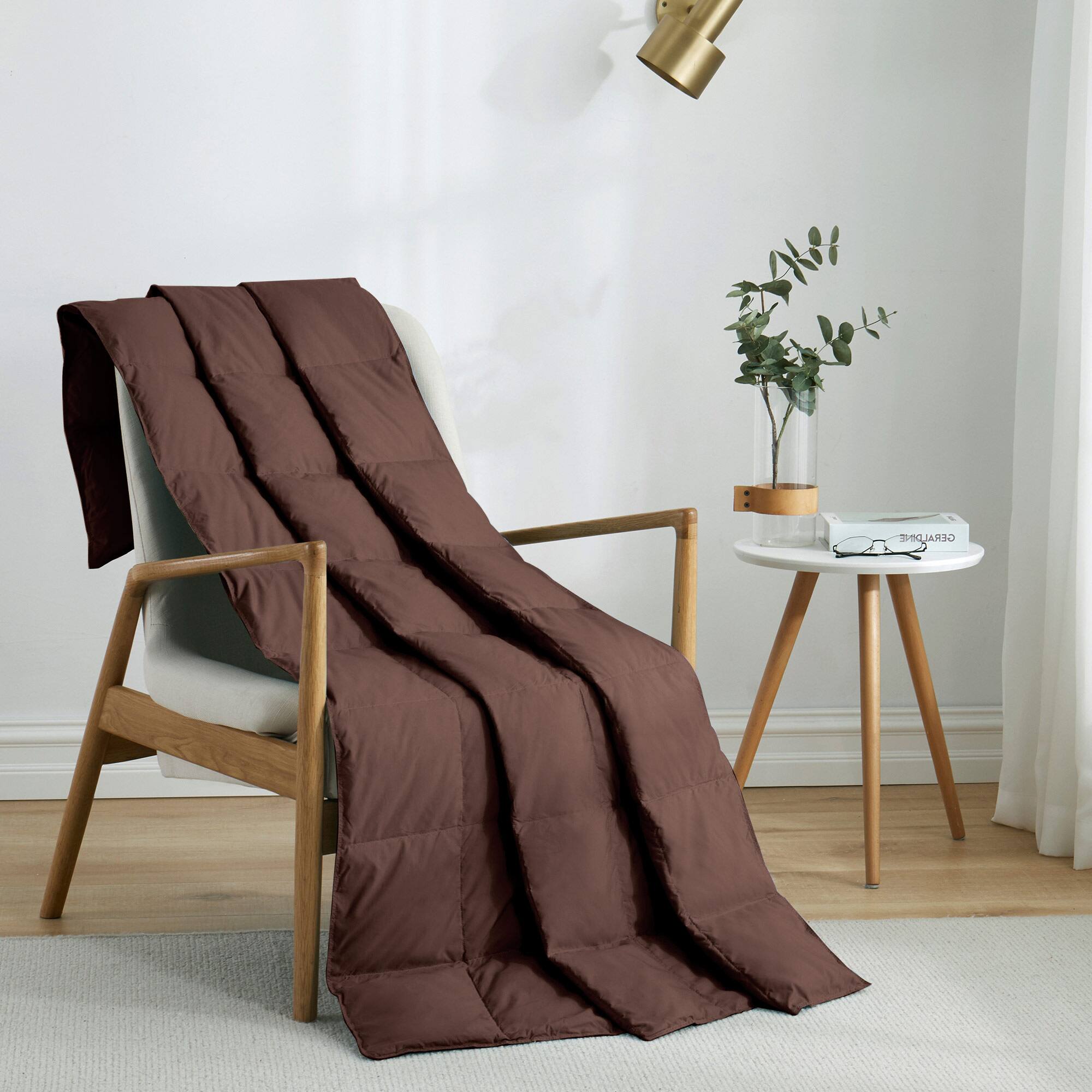 Angle. Peace Nest - Peace Nest Lightweight Feather Down Throw Blanket, Chocolate - Chocolate.