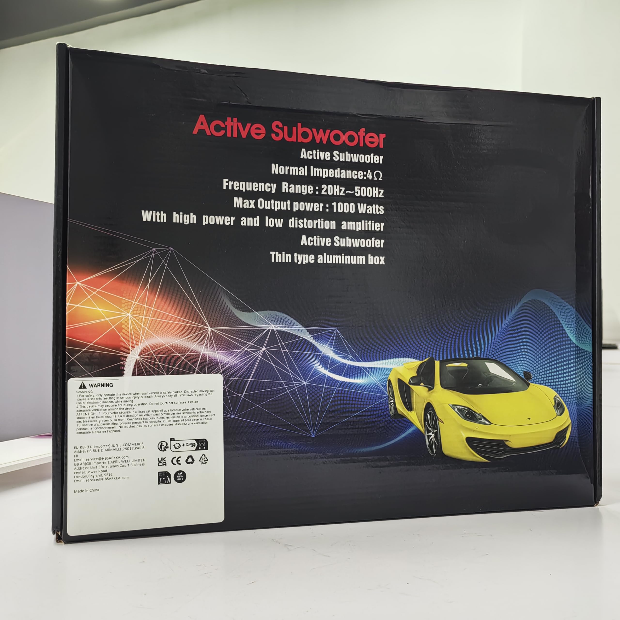 Active Subwoofer

Active Subwoofer  
Normal Impedance: 4Ω  
Frequency Range: 20Hz~500Hz  
Max Output power: 1000 Watts  
With high power and low distortion amplifier  
Active Subwoofer  
Thin type aluminum box  

WARNING  
[Text in Japanese]  

[Various certification and compliance symbols]  

[Additional text in Japanese]  

Made in China
