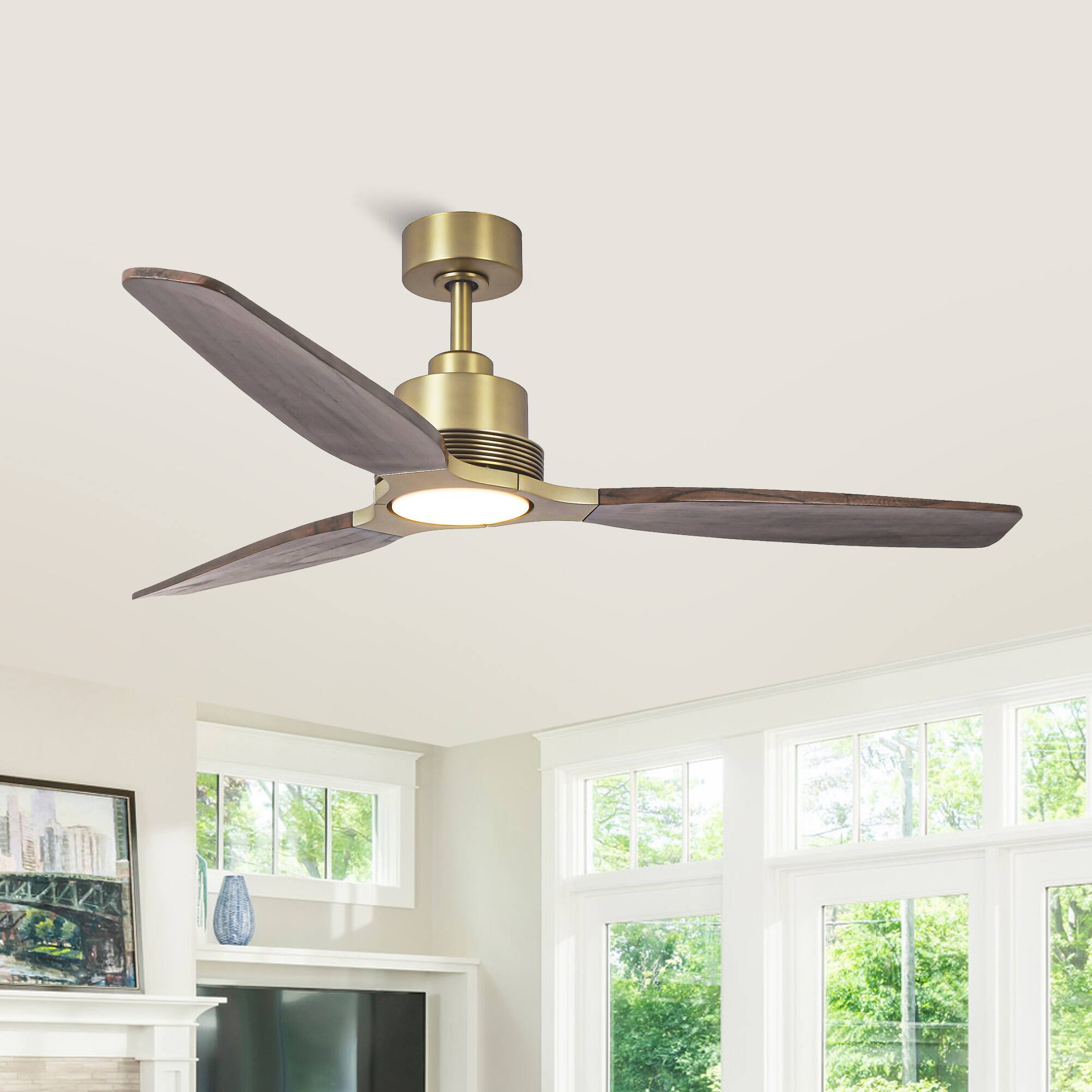 Alt View 1. Parrot Uncle - 56" Modern Solid Wood Diammable LED Gold Ceiling Fan with Remote and Light - Gold.