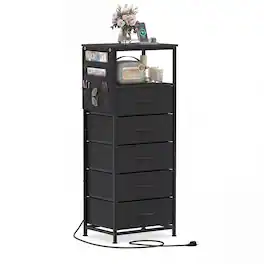 Costway - 1 PCS Nightstand with Integrated Charging Station, Modern Bedside Table with 5 Fabric Drawers - Black