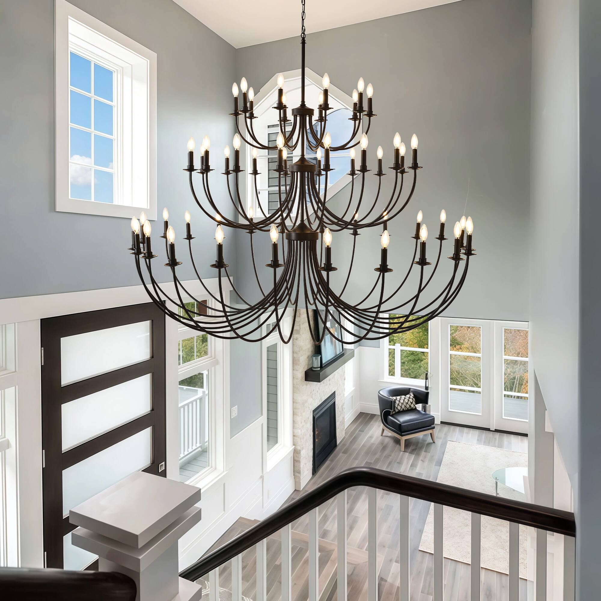 Back. RYHNUYNE - 52 Lights Black Chandelier, 3-Tier Farmhouse Chandeliers for Dining Room, Large Industrial Candle Pendant Light Fixtures - Black.