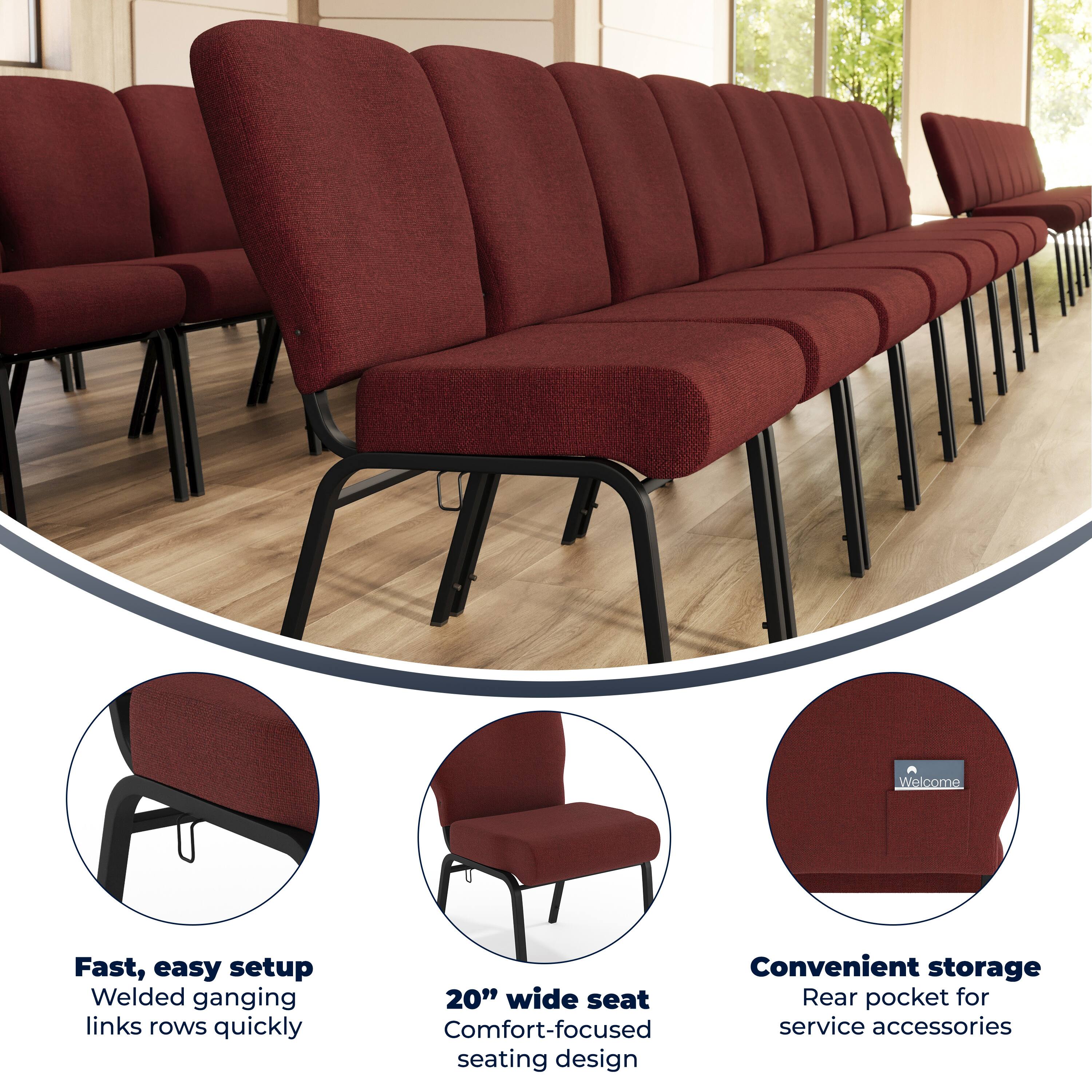 Welcome

Fast, easy setup  
Welded ganging links rows quickly

20" wide seat  
Comfort-focused seating design

Convenient storage  
Rear pocket for service accessories