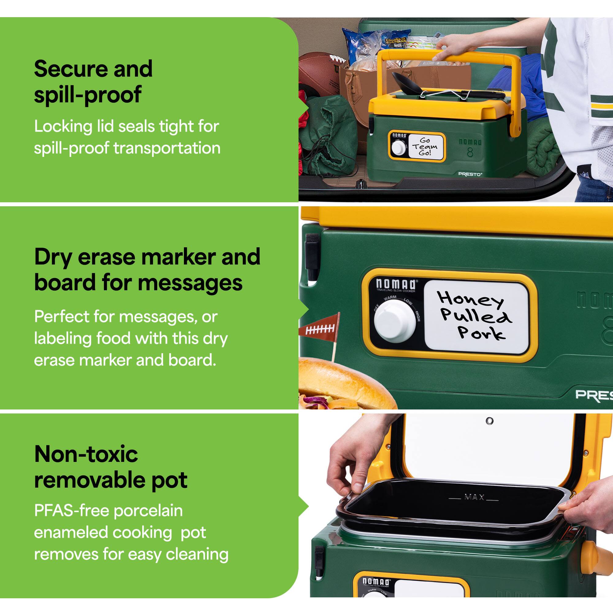 Secure and spill-proof  
Locking lid seals tight for spill-proof transportation  

Dry erase marker and board for messages  
Perfect for messages, or labeling food with this dry erase marker and board.  

Non-toxic removable pot  
PFAS-free porcelain enameled cooking pot removes for easy cleaning