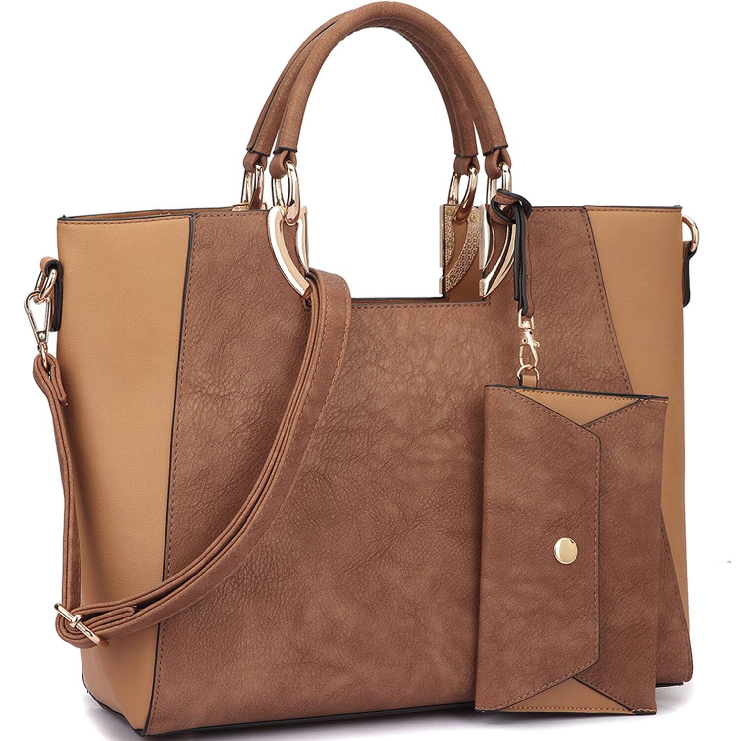 Front. DORLUKFU - Women's Two-Tone Vegan Leather Tote Purse Large Top Handle Satchel Work Bag with Matching Wristlet - Brown.