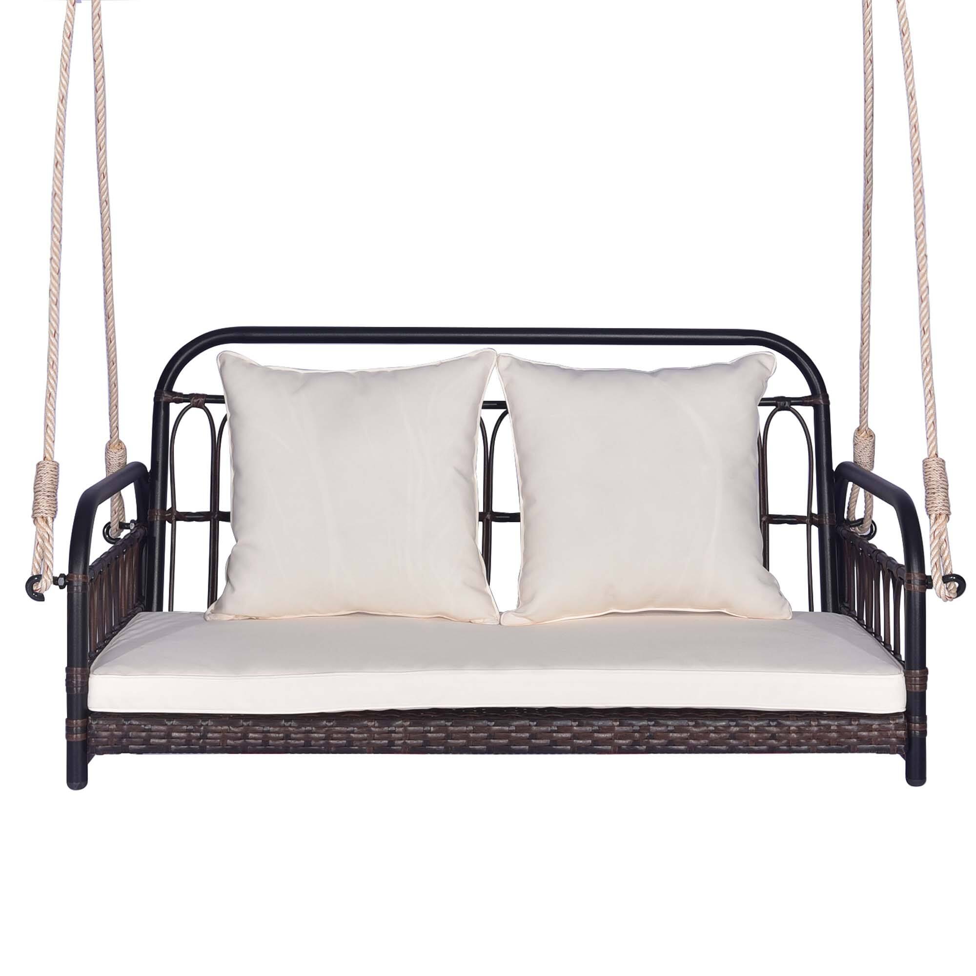 Alt View 9. Costway - Costway Patio Swing Chair 2-Person Hanging Seat Outdoor Wicker Loveseat Cushioned Porch - Mix Brown/Off White.