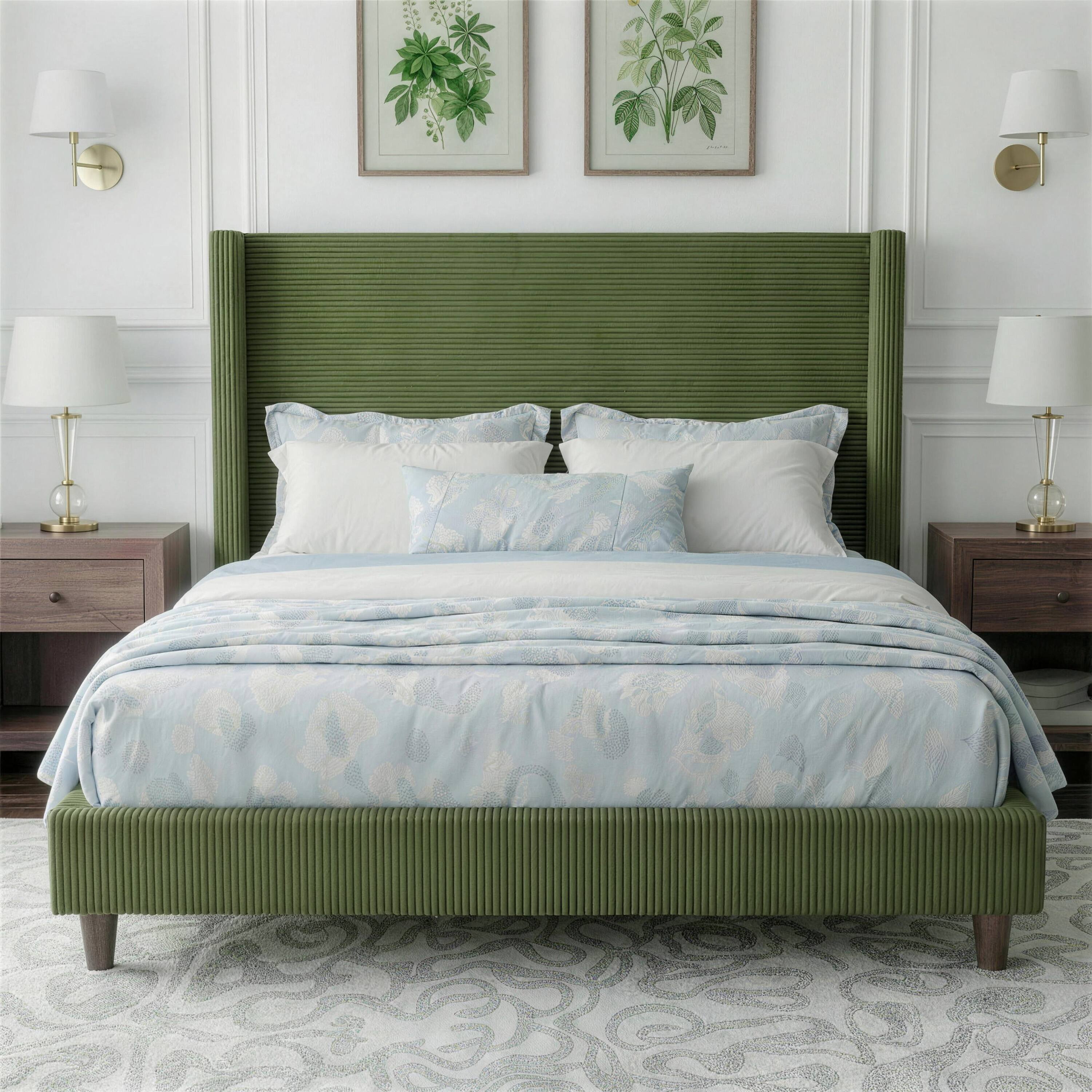 Angle. Dyonery - Queen Bed Frame, Upholstered Platform Bed, Adjustable Vertical Channel Tufted Headboard, Corduroy Fabric. - Green.