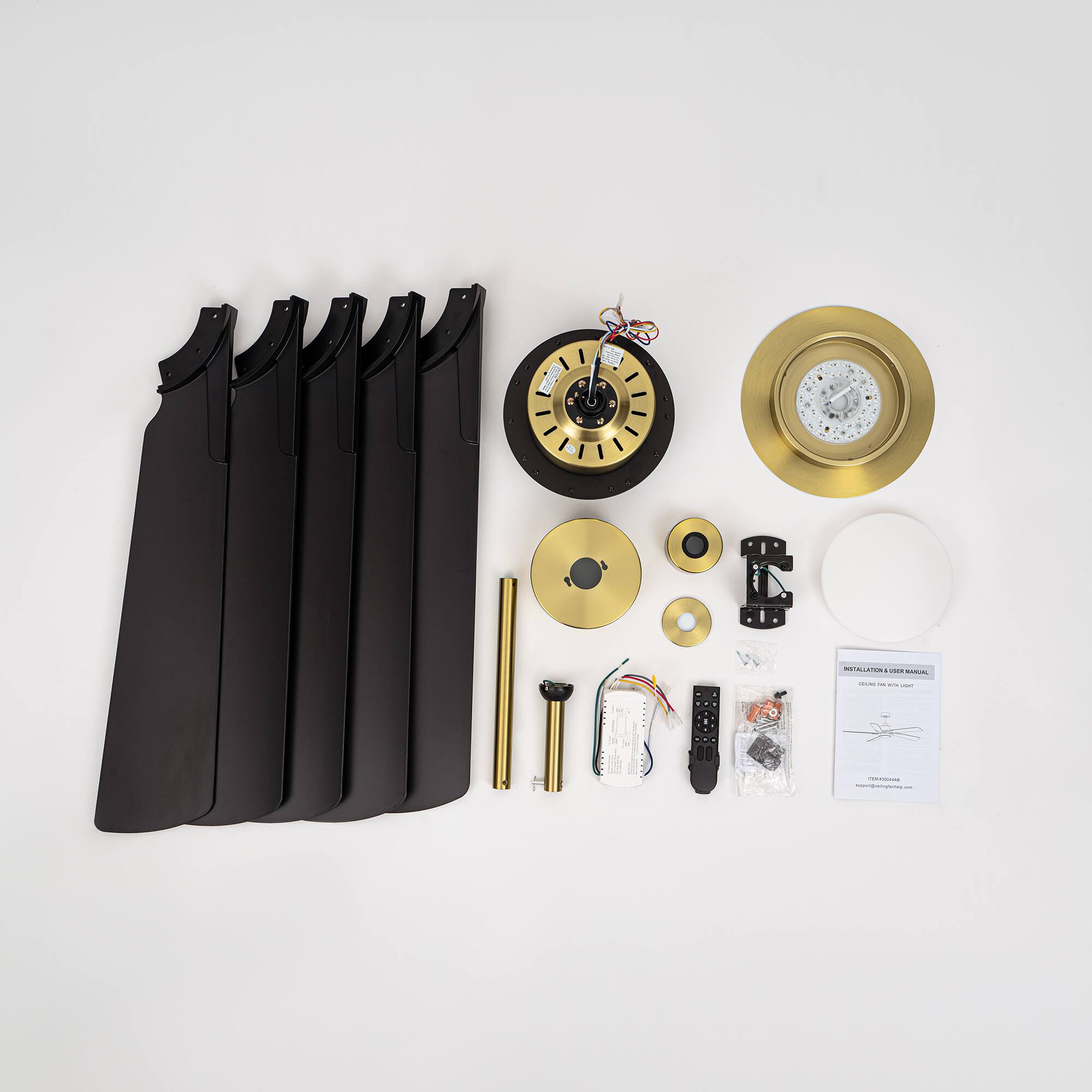 Alt View 9. Breezary - 60-Inch Indoor Ceiling Fan with 5 ABS Blades, 3-Color Light, 6-Speed DC Motor, Remote, Timer & Memory, 6"/12" Downrods - Gold and Black.