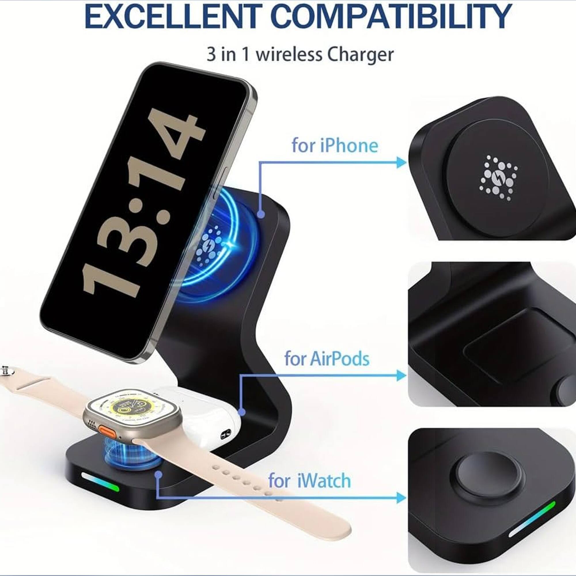 EXCELLENT COMPATIBILITY  
3 in 1 wireless Charger for iPhone 13:14 for AirPods IN for iWatch