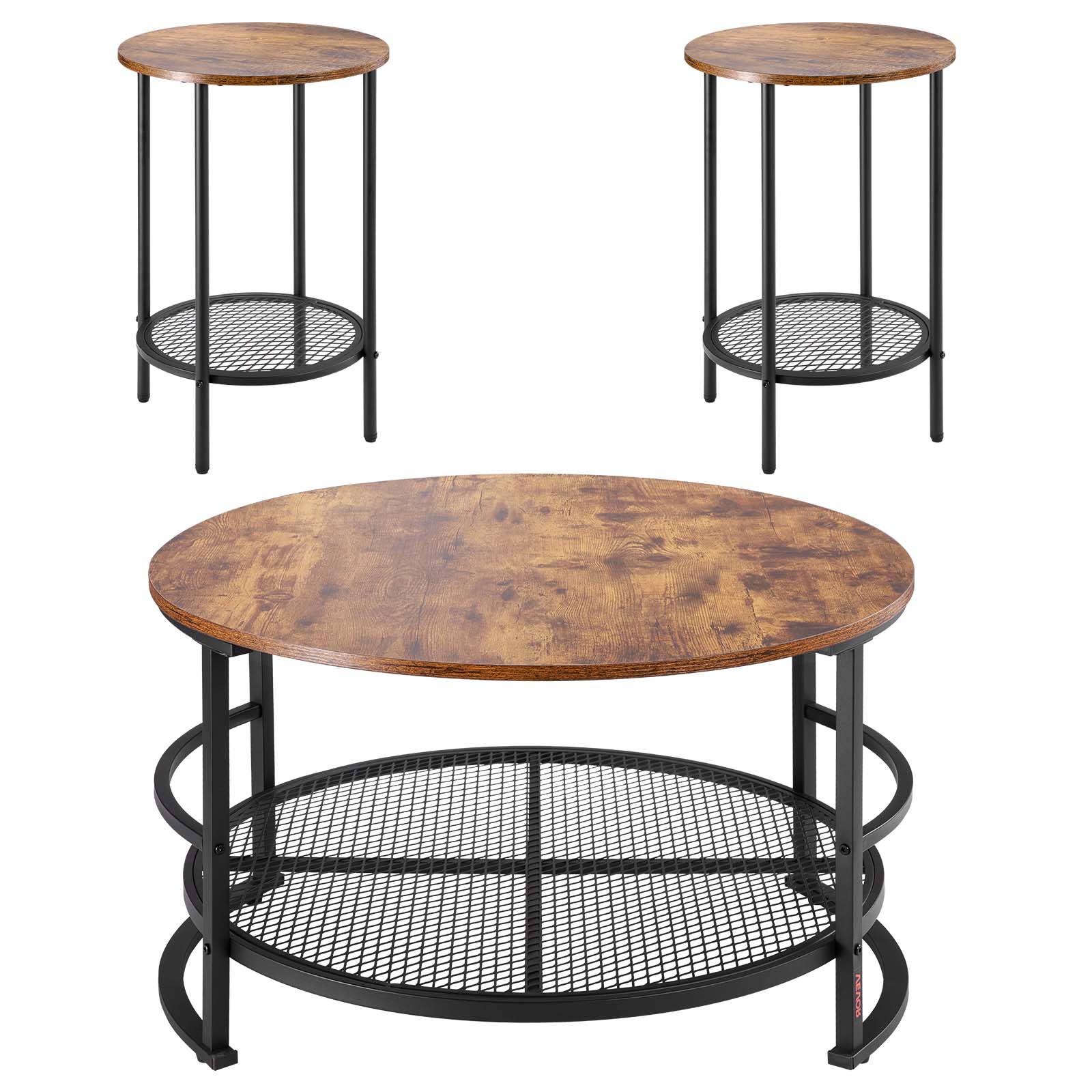 Alt View 5. VEVOR - 3 Pieces Round Coffee Table Sets, 31.5 in Industrial Living Room Table with 2 End Side Tables - Brown,Black.